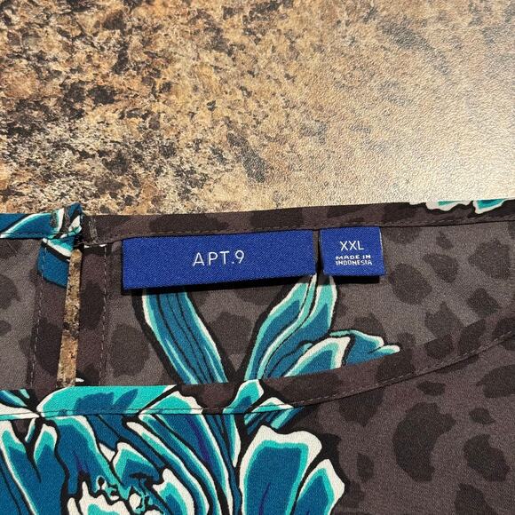 Apt 9 Top 3/4 Sleeve Floral Animal Print Boho Casual Tie Back Gray Blue Size XXL - Picture 3 of 6